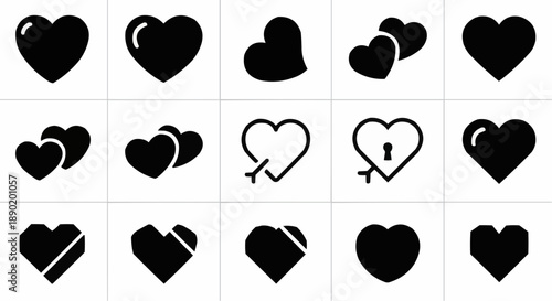 Collection of 16 black heart icons in various styles on white background