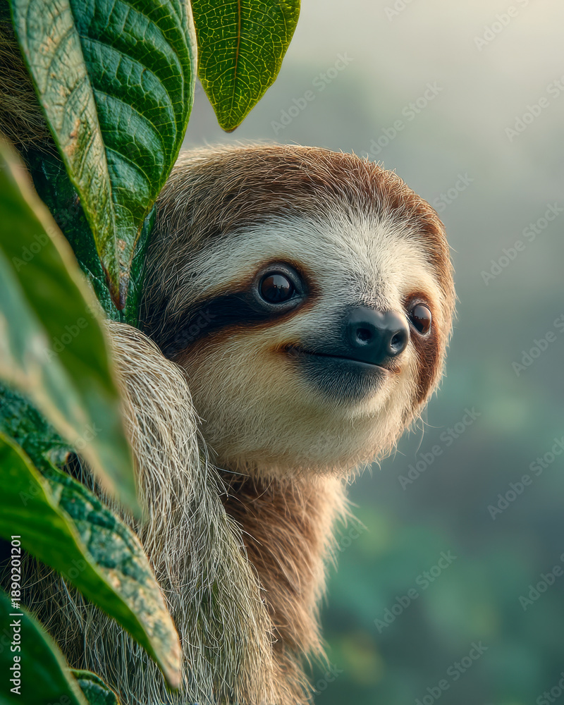 Obraz premium Sleepy sloth hanging from tree branch, relaxed pose in lush tropical forest canopy