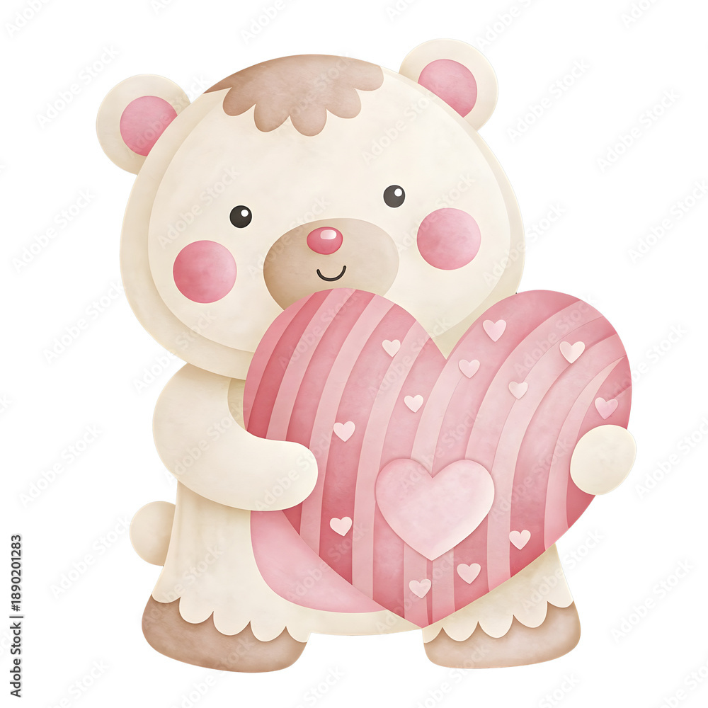 Fototapeta premium Chubby teddy bear holding decorated pink heart watercolor illustration for valentine