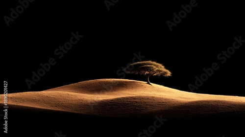 Wallpaper Mural A lone, windswept tree stands atop a sand dune, bathed in golden light against a stark, black background Torontodigital.ca