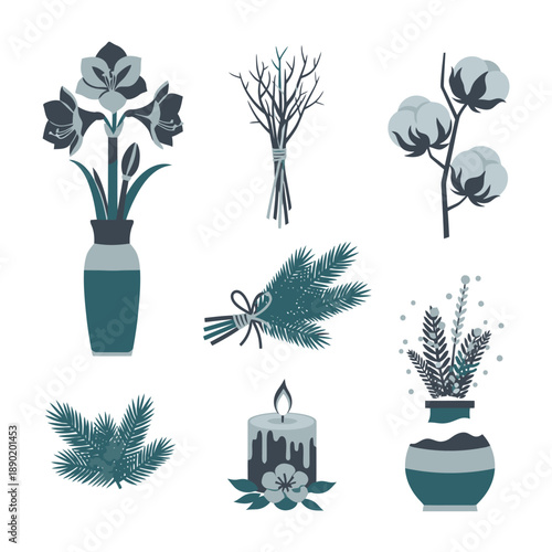Duotone graphic icon set of six minimalist flat winter solstice botanical arrangements, featuring Amaryllis, evergreen, and cotton bolls in a cool grey and teal color scheme