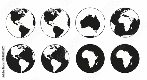 Set of black and white earth globe icons various perspectives and lighting