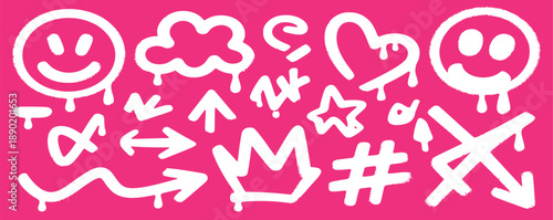 bold spray paint white graffiti elements on pink background, funky street art and urban vandal style, smiling face, heart, crown and cloud stickers with drips and splatters.