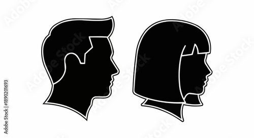 Black silhouettes of man and woman facing each other in profile on white