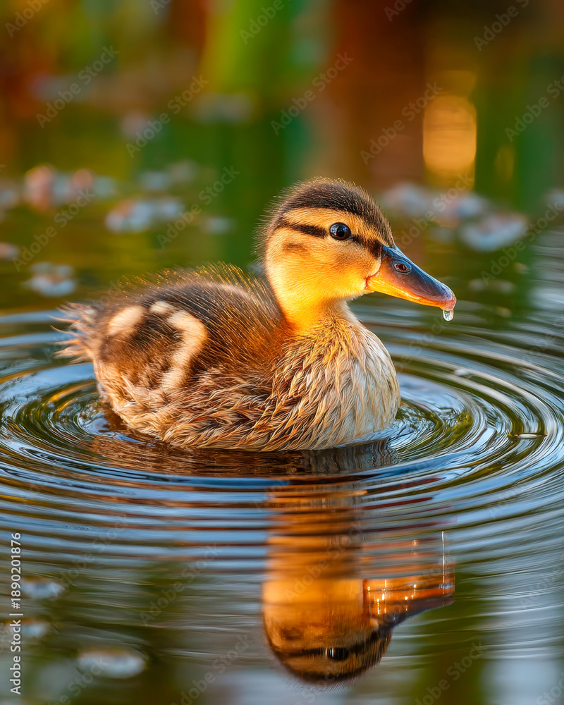 Fototapeta premium Yellow duckling gliding across a calm pond, soft sunlight and gentle ripples