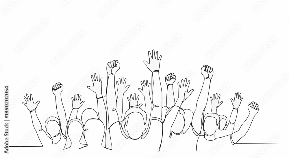 Fototapeta premium Group of people raising hands together in unity and solidarity gesture