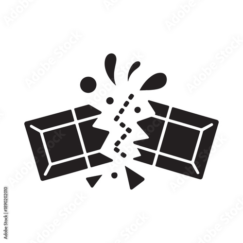 A simple black and white illustration depicting a chocolate bar breaking apart