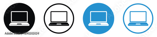 Laptop and notebook computer icon set. Modern black and blue circular buttons for technology, remote work, and hardware symbols. Ideal for electronics and digital business UI.