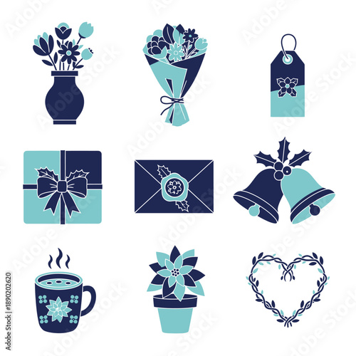 Nine minimalist flat graphic icons of Christmas flower gifts bouquet, potted poinsettia, holly bells, cocoa mug , featuring a bold Dark Prussian Blue and Aqua Blue duotone palette