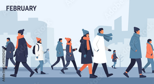 People Walking in Winter City Street with February Text