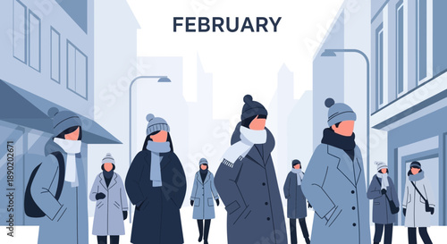 People Walking in Winter City Street with February Text