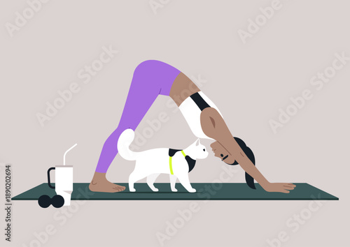 A person is performing an inverted v yoga pose while a curious cat explores nearby, A refreshing drink sits beside them, creating a harmonious fitness atmosphere