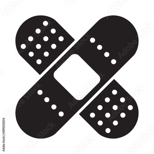 Two black adhesive bandages are crossed forming an x shape on white