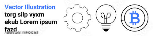 Technology development, innovation, cryptocurrency, blockchain, digital finance, energy efficiency. Minimalistic gear, lightbulb and Bitcoin symbols. Technology and innovation concepts