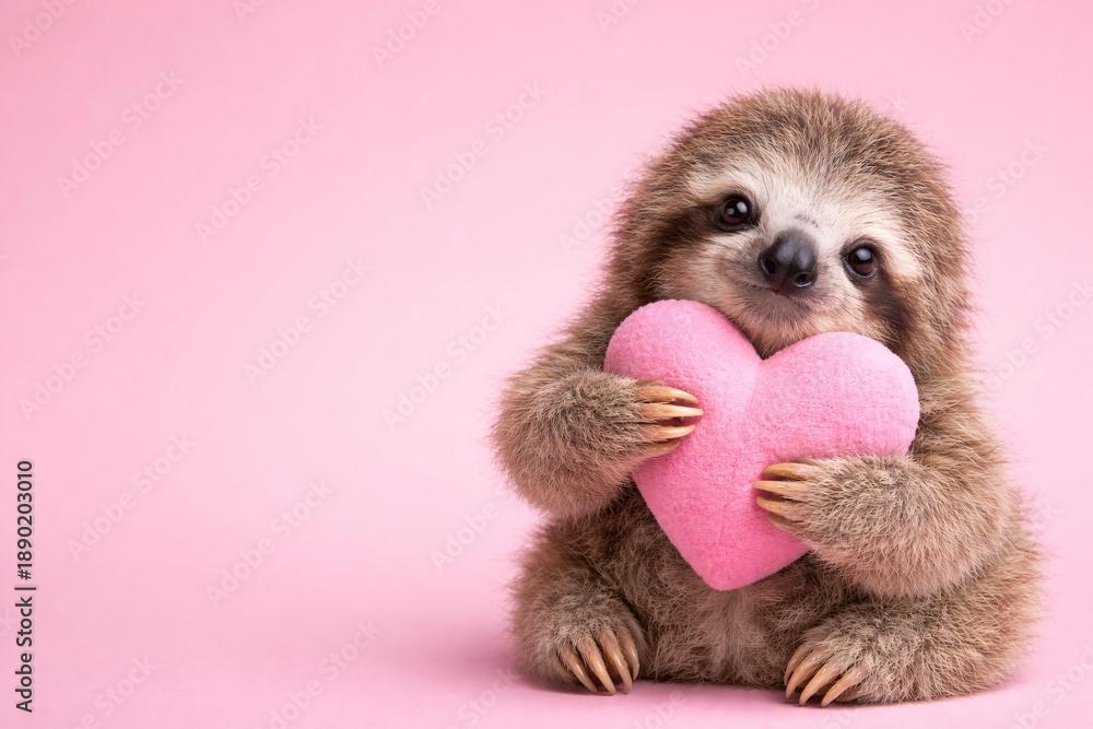 Fototapeta premium Adorable Sloth Holding Heart-Shaped Pillow for Valentine's Day on Pink Background