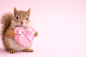 Adorable Squirrel Holding Pink Heart Gift - Perfect for Valentine's Day