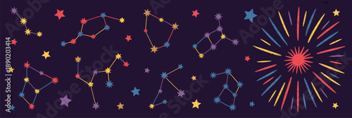 crayon drawn funky constellation and shooting stars stickers on dark night background, pencil drawing cosmic elements, abstract astrology doodle clip art icons with kids doodle texture.