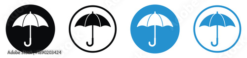 Set of umbrella icons in flat and line styles. Black and blue circular buttons featuring weather protection symbols for rain, insurance, and safety. Vector web design elements.