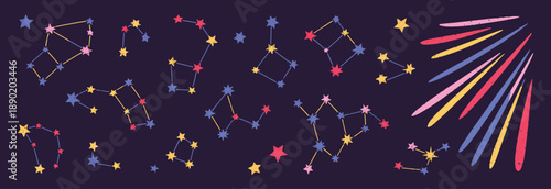 crayon and pencil drawn cosmic doodle set, funky constellation and shooting stars on dark night background, abstract astrology icons, playful kids doodle style.