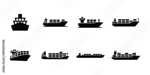 Container ship silhouette icon set cargo vessel maritime transport