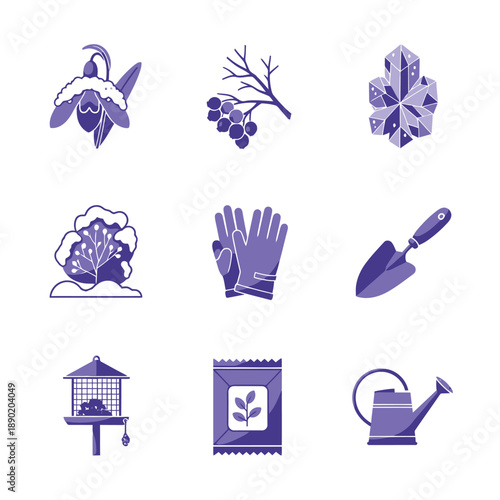 Winter garden flat graphic icons, including a frosted snowdrop, gardening tools, and bird feeder, presented as a solid shape duotone illustration set in Lavender Purple and Frosty Grey