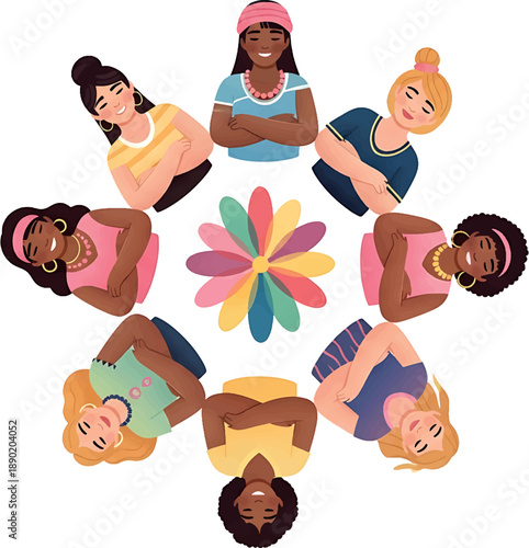 Vector illustration of diverse women forming a circle around a colorful flower on Women's Day with a vibrant and inclusive mood.