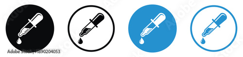 Medical dropper and pipette icons in flat and line styles. Black and blue circular buttons for laboratory, science, and healthcare designs. Professional vector graphics for web and app interfaces.