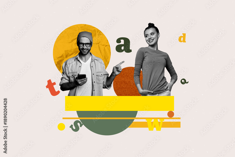 Obraz premium Pop art full zine photo collage of happy girl guy stand library academic book stack education learner letters vocabulary encyclopedia