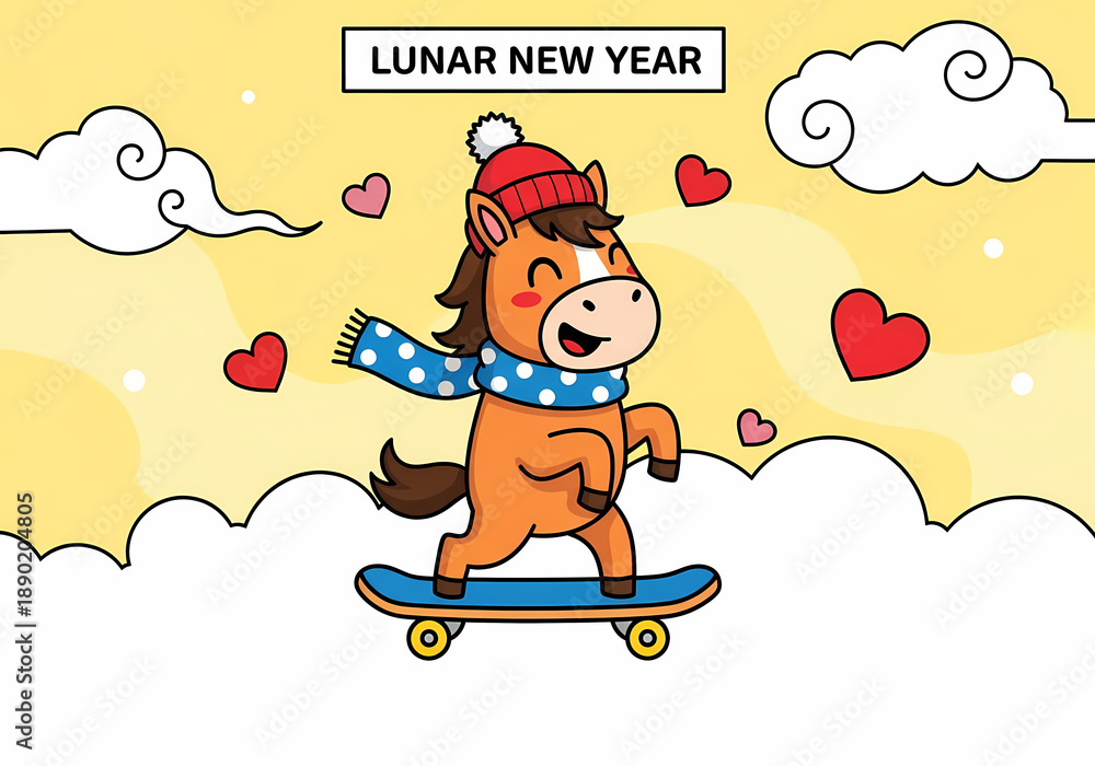 Naklejka premium 可愛い馬、新年を楽しく祝う