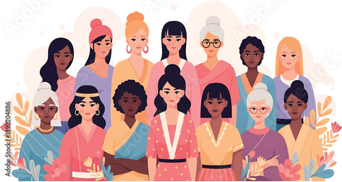 A diverse group of women in colorful vector illustrations celebrating Women's Day with a vibrant and lively composition against a white background.