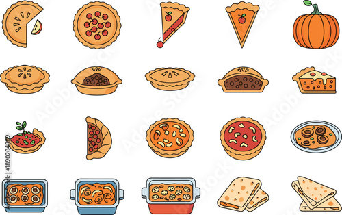 Vector Illustration Set of Delicious Homemade Pies and Baked DishesVector Illustration Set of Delicious Homemade Pies and Baked Dishes