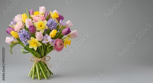 Wallpaper Mural Colorful spring flower bouquet with tulips, daffodils, ranunculus, and hyacinths tied with twine on a simple grey background for gift concept and fresh beauty Torontodigital.ca