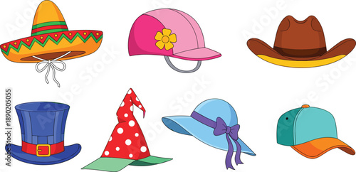 Cartoon hat collection, diverse headwear styles, fashion accessories for kids, colorful cap and hat set, vector illustration for children