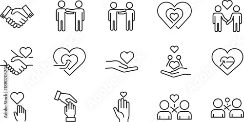 Set of 15 Minimalist Line Icons Representing Love, Friendship, Solidarity, and Mutual Support for Charity, Social Apps, and Relationship ConceptsSet of 15 Minimalist Line Icons Representing Love, Frie