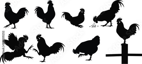 Farm Rooster Shape Collection in Solid Form. Agricultural Animal Silhouettes for Branding and Decorative Use. Rural Symbol Set