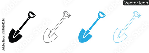 Set of shovel icons in various styles and colors for gardening and construction