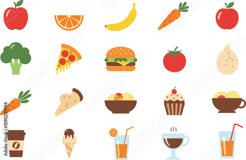 Minimalist Vector Illustration Set of Fresh Fruits, Fast Food, and Refreshing Beverages IconsMinimalist Vector Illustration Set of Fresh Fruits, Fast Food, and Refreshing Beverages Icons