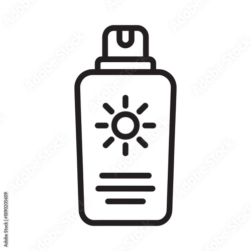 Simple black and white line drawing of a bottle of sunscreen lotion