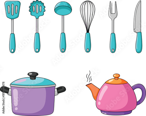 Cartoon kitchen utensils and cookware set, colorful cooking tools for kids, spatula ladle pot teapot knife whisk vector illustration