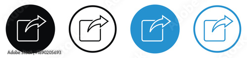 Universal share and outgoing link icons in linear style. Black and blue circular buttons for social sharing, external links, and publishing. Modern vector graphics for content distribution UI.