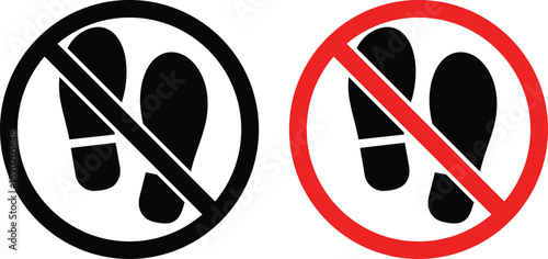Black and red prohibition signs showing footprints on white background no walking do not step