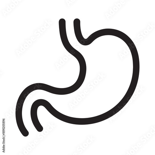 A simple black line drawing depicts the anatomical structure of a human stomach