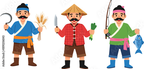 Cartoon traditional occupations set, farmer chef fisherman characters with tools and food, cultural professions for kids, vector illustration for education