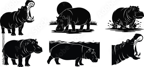 Expressive Hippo Characters with Varied Gestures. Wildlife Illustration Set for Educational and Creative Projects. Animal Emotion Series