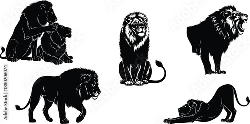 A collection of black silhouettes of lions on a white background