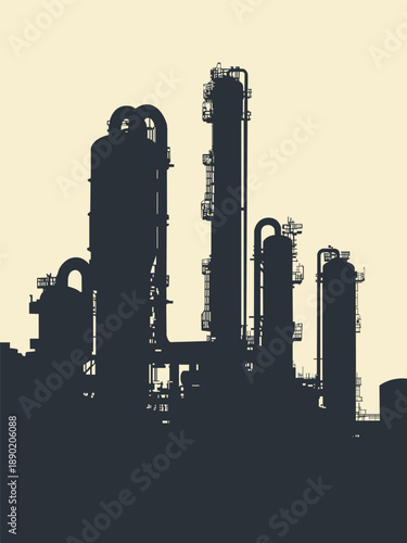 An oil refinery silhouette isolated on a beige background. Vector illustration for design projects related to the oil, gas, and chemical industry and business.