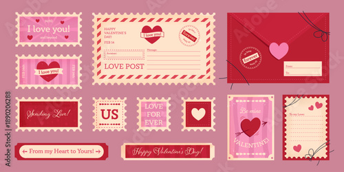 Valentine's Day stickers with postage stamps, a letter, and cute postcards. Love holiday graphic design greetings and decorations, vector art in retro romantic style.