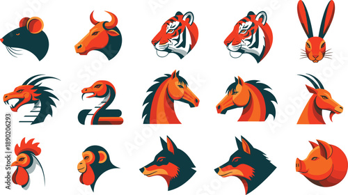 Chinese zodiac animal set, stylized cartoon illustrations of 12 signs, bold colorful vector icons for culture, astrology, and education