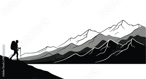 Trekking Silhouette Navigates Rugged Terrain Towards Distant Mountain Summits