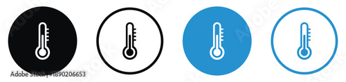 Temperature icons showing a thermometer scale. Provided in black and blue, solid and outlined circle styles. Suitable for weather, healthcare, climate control, and fever monitoring.